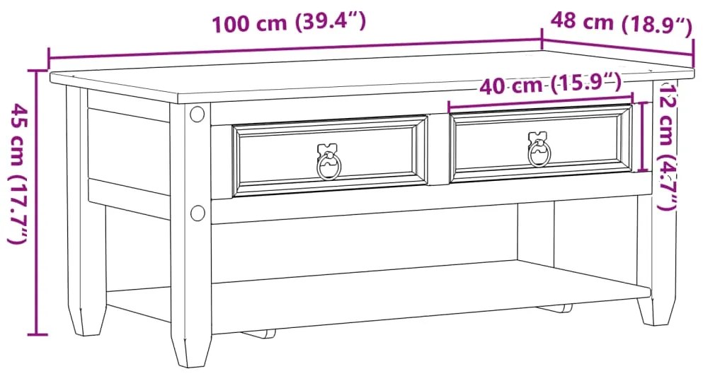Mesa de centro com gavetas Corona 100x48x45 cm pinho maciço