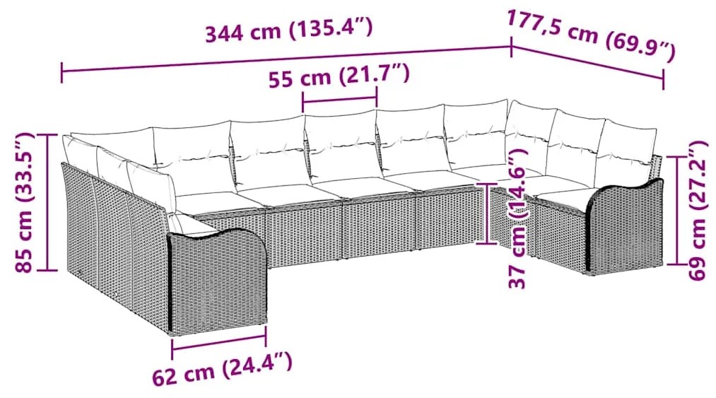 Conjunto de Sofás de Jardim vidaXL 10 Peças com Almofadas Bege Poliést