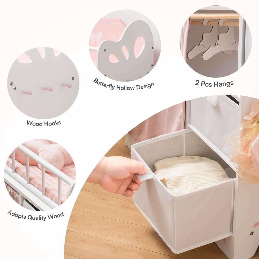 Berço de madeira de brincar para bonecas e crianças 57 × 56 × 29 cm Rosa