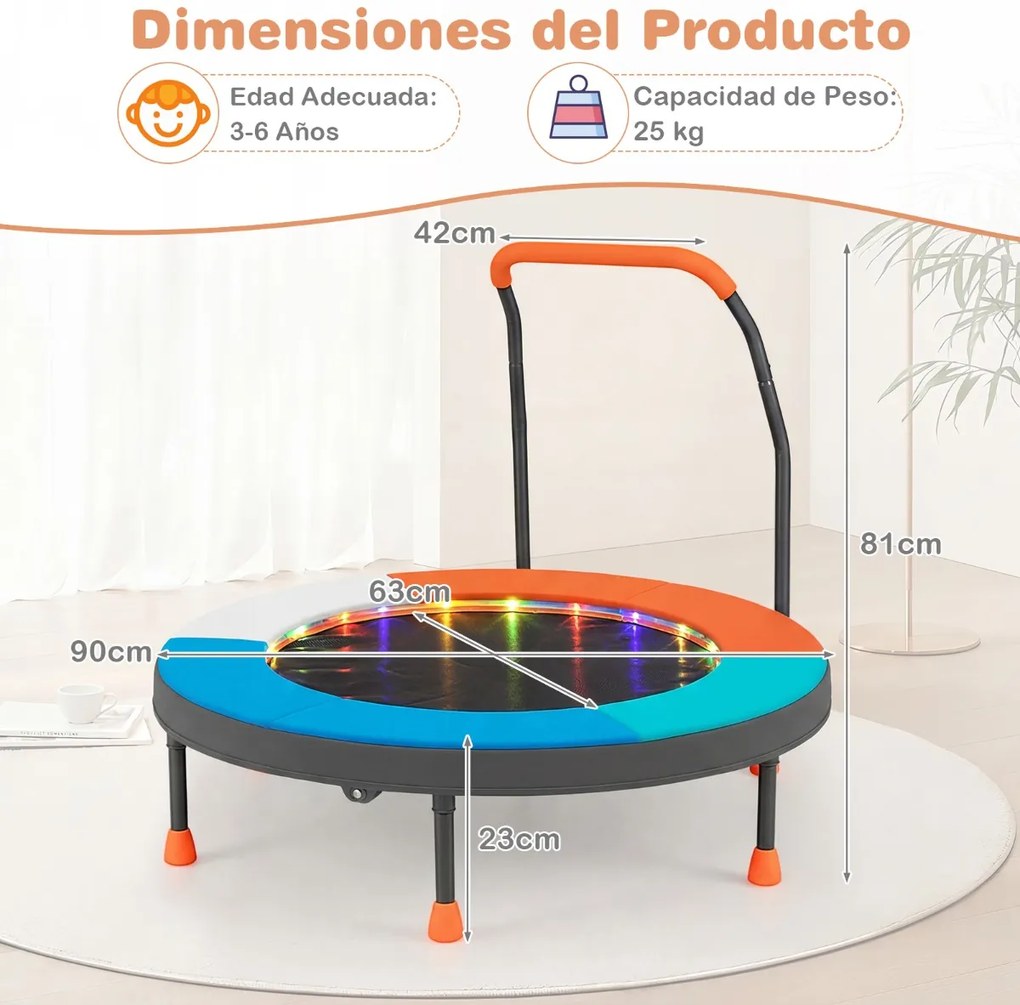 Mini-trampolim para crianças de 90 cm com luzes, dobrável, com barra de espuma e capa de segurança acolchoada multicolorida 2