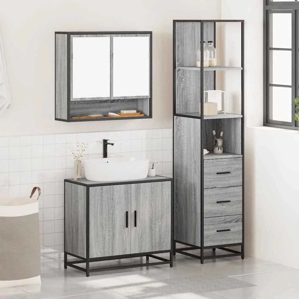 3 pcs Conjunto móveis casa de banho madeira proc. cinza sonoma