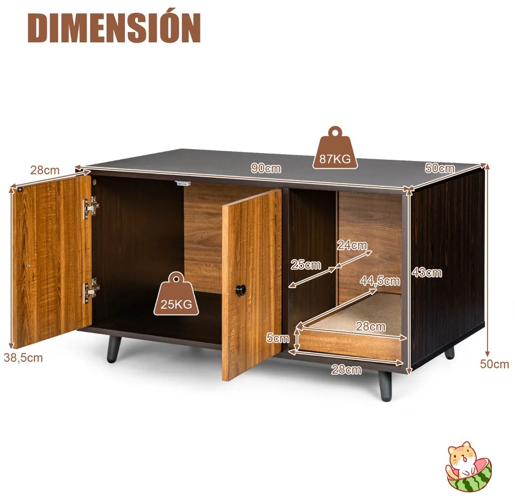 Caixa de areia oculta para gatos decorativa com porta dupla 90 x 50 x 50 cm cor de nogueira