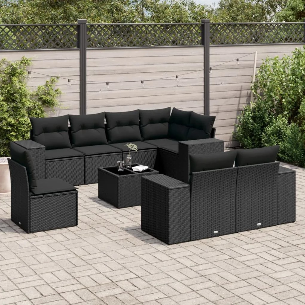 9 pcs conjunto de sofás p/ jardim c/ almofadões vime PE preto