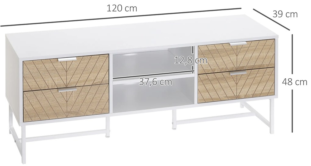 Móvel de TV de até 47 Polegadas Móvel de Sala de Estar Moderno com 4 Gavetas 2 Prateleiras Abertas e Orifício Passa Cabos 120x39x48cm Branco e Carvalh