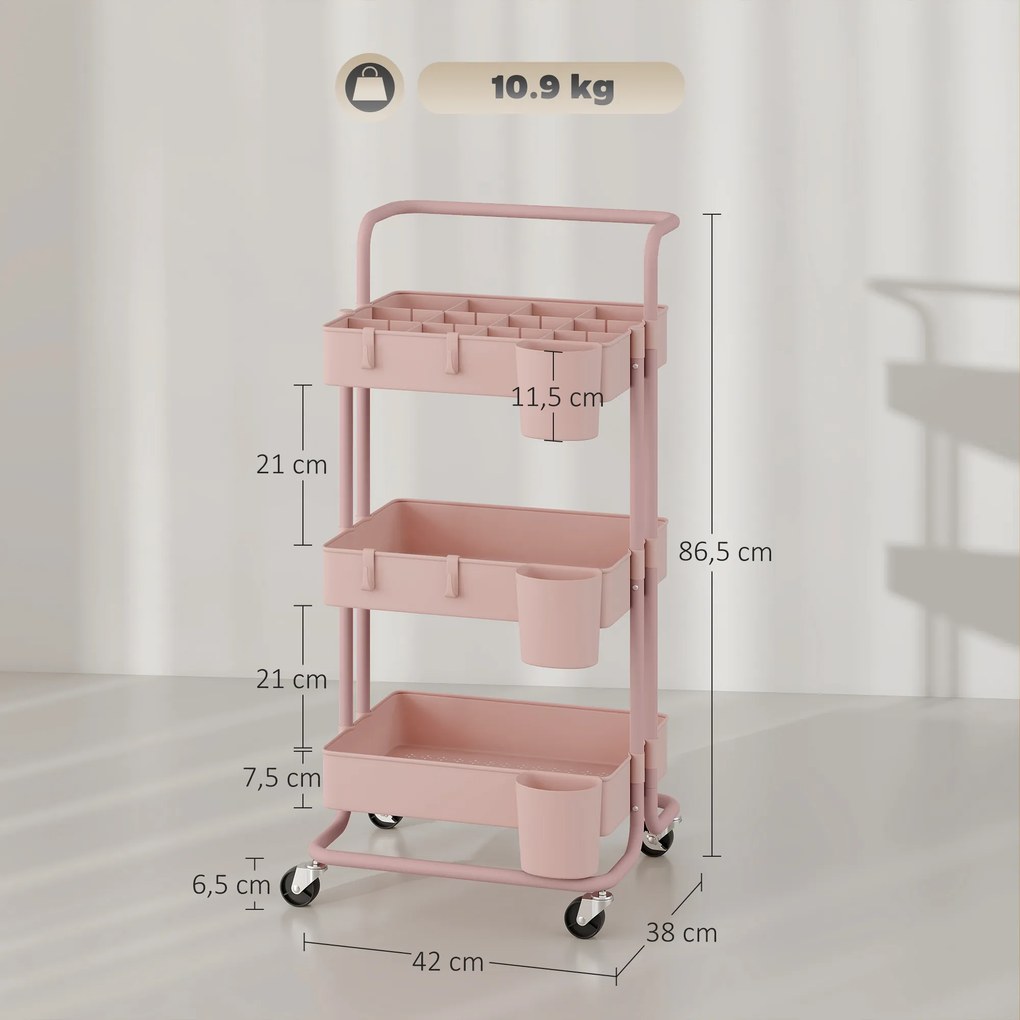 Carrinho de Cozinha Carrinho de Armazenamento com 4 Ganchos 3 Cestas Removíveis 3 Caixas Suspensas 42x38x86,5 cm Rosa