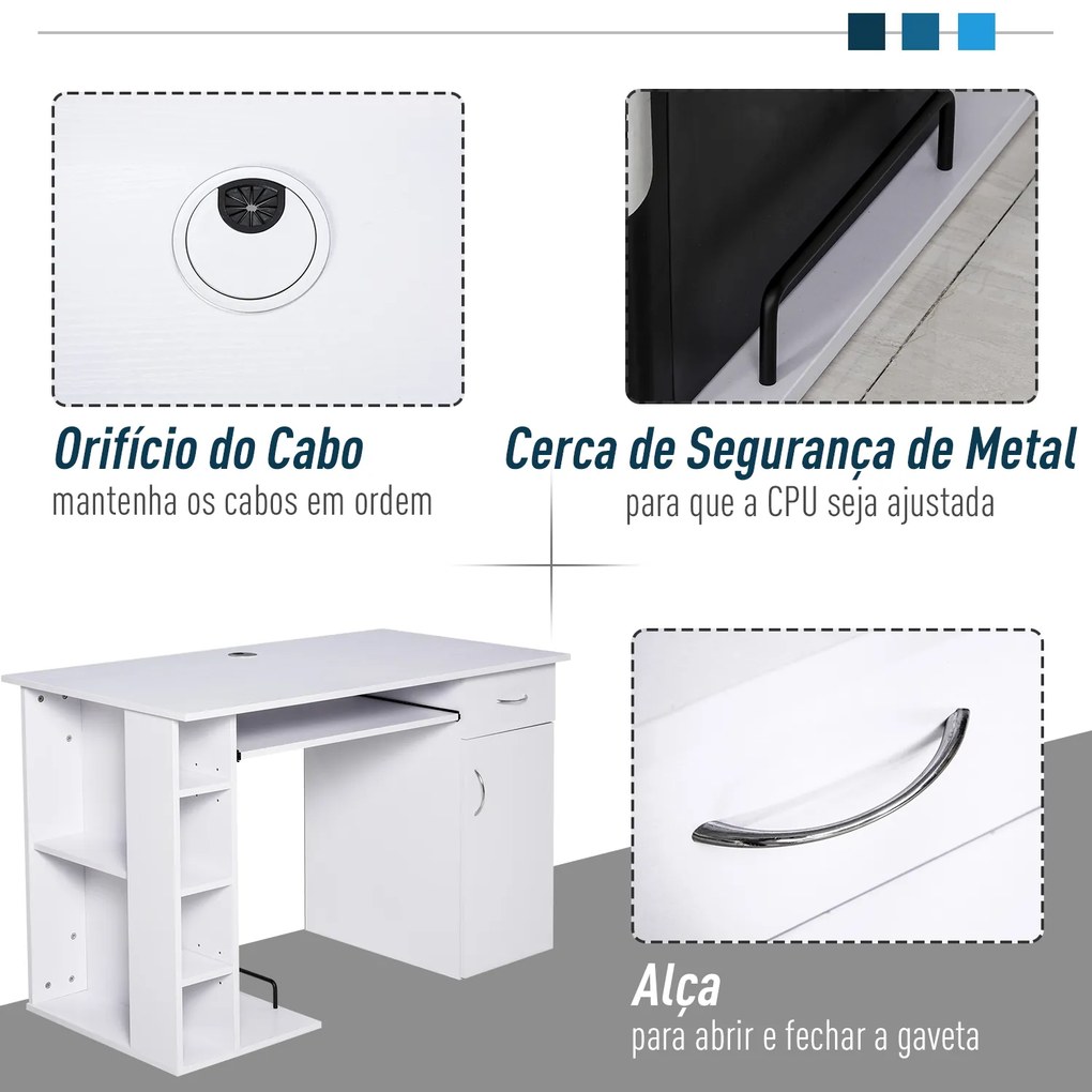 Secretária para escritório com prateleiras abertas Gabinete Suporte para CPU e bandeja removível 120x60x74 cm Branco