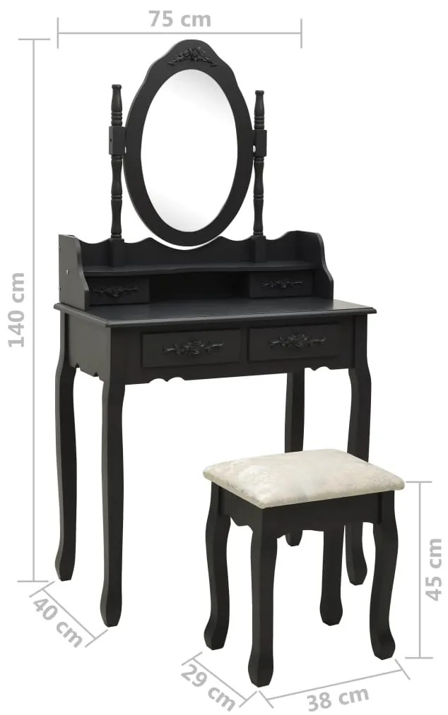 Conj. toucador com banco 75x69x140 cm madeira paulownia preto