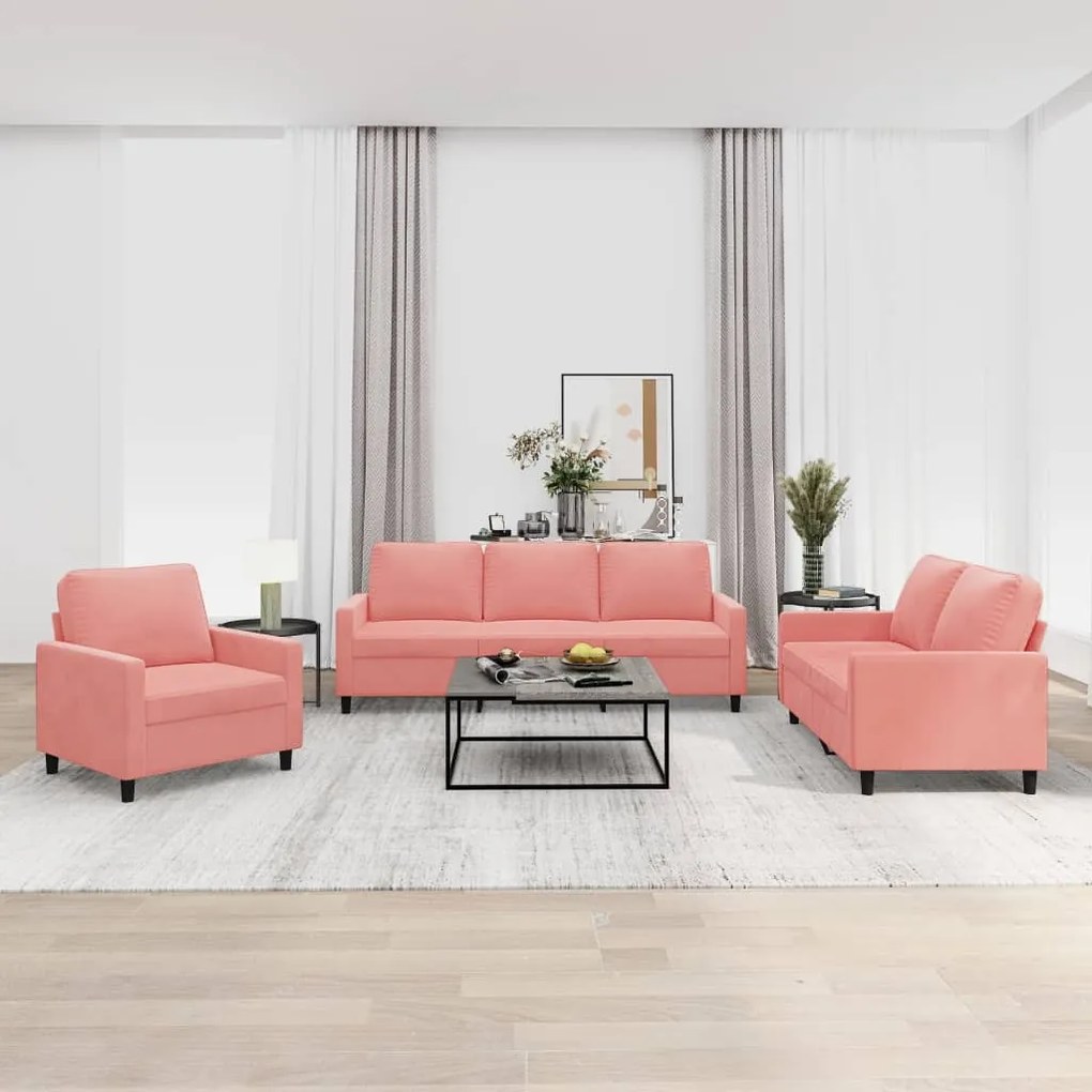 vidaXL 3 pcs conjunto de sofás com almofadões veludo rosa