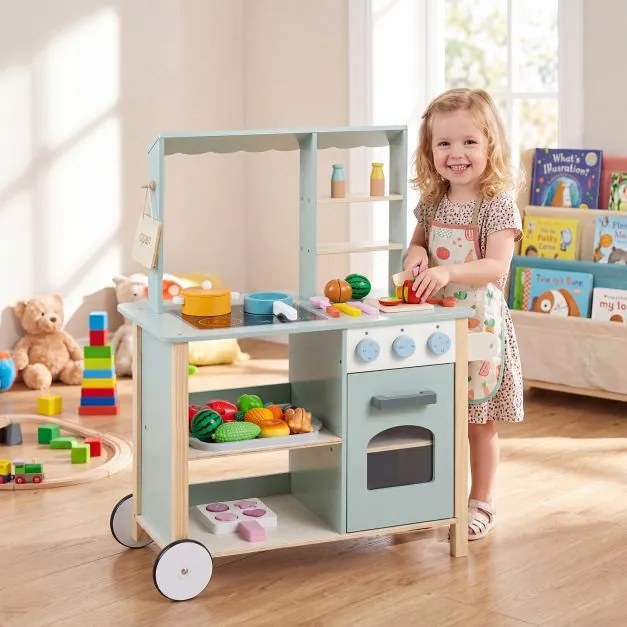Cozinha Infantil de Brincar com Rodas, 67 x 34 x 81 cm, Com Acessórios, Verde