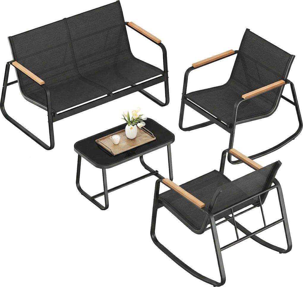 Conjunto de jardim com 2 cadeiras de baloiço com mesa e banco Preto