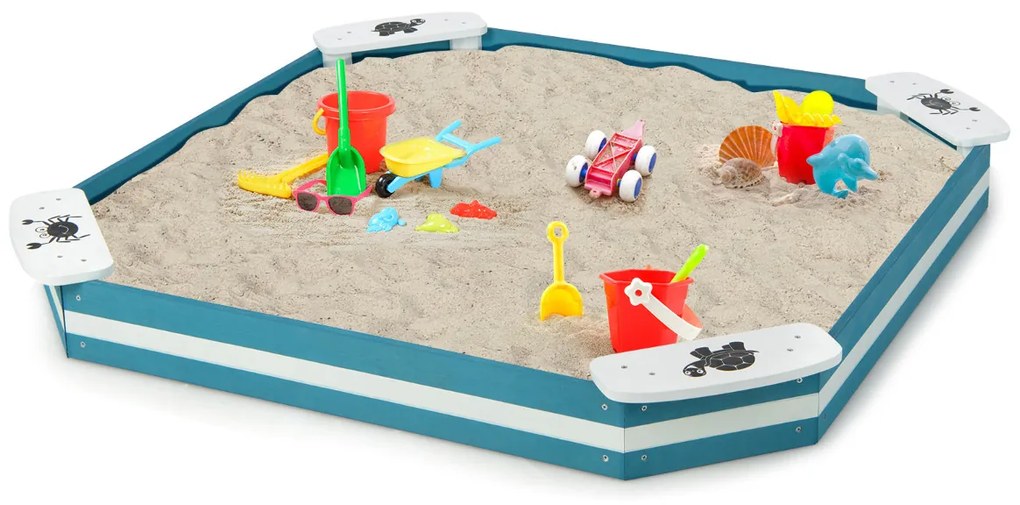 Caixa Infantil Areia de Madeira para Exterior Caixa de Areia com 4 Lugares Integrados Estrutura Semi Fundo Crianças 3+ Anos 126 x 126 x 14 cm Azul