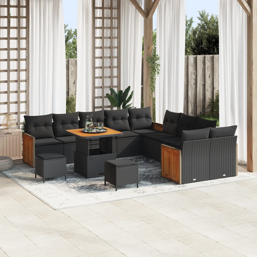 Conjunto de Sofás de Jardim vidaXL de 13 Peças com Almofadas Preto Vime Sintético Acácia