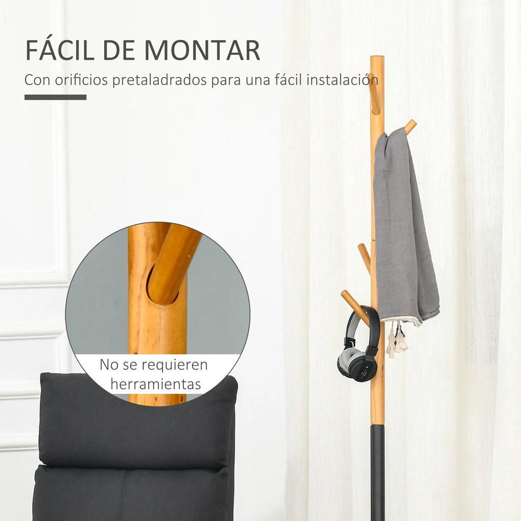 HOMCOM Cabide de Pé com Mesinha Auxiliar Redonda e 5 Ganchos com Altura Ajustável para Casacos Chapéus Bolsos Entrada 40x40x179cm Madeira Natural Preto