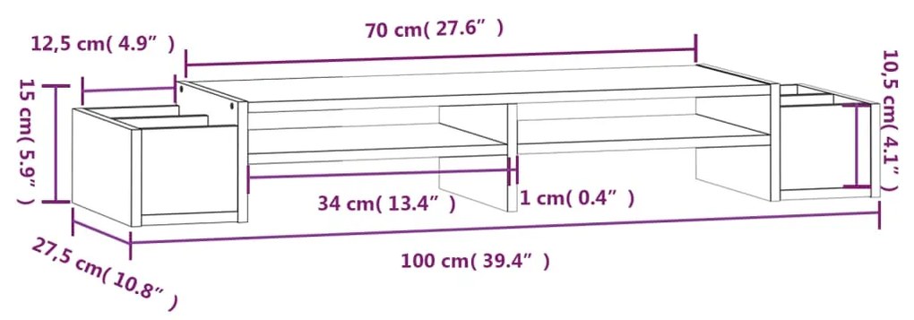 Suporte para monitor 100x27,5x15 cm madeira pinho maciça preto