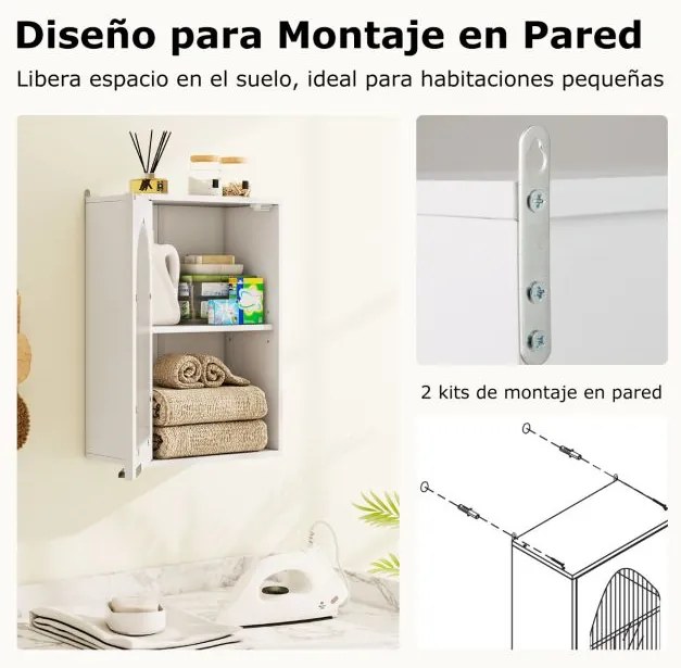 Armário parede para casa de banho 35 x 20 x 52,5 cm com porta de vidro e prateleira ajustável Branco