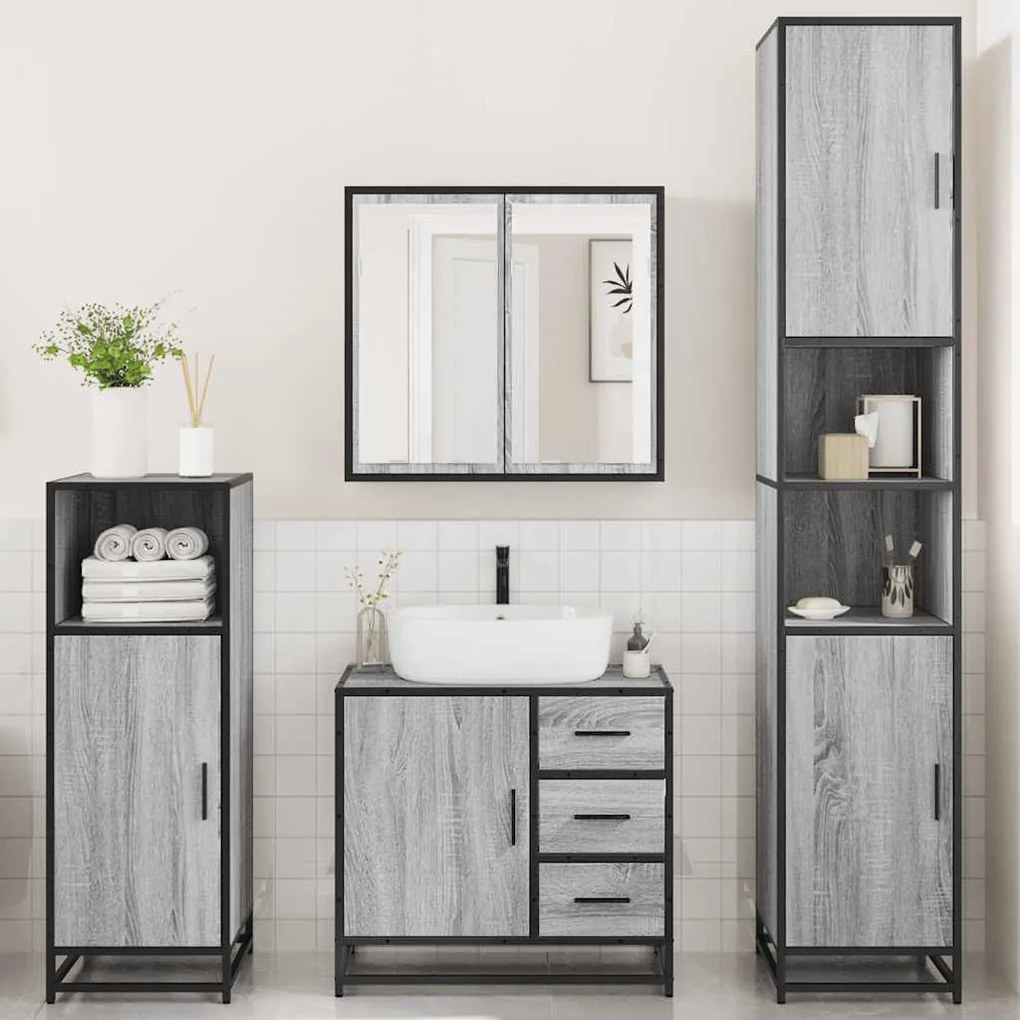 4 pcs Conjunto móveis casa de banho madeira proc. cinza sonoma