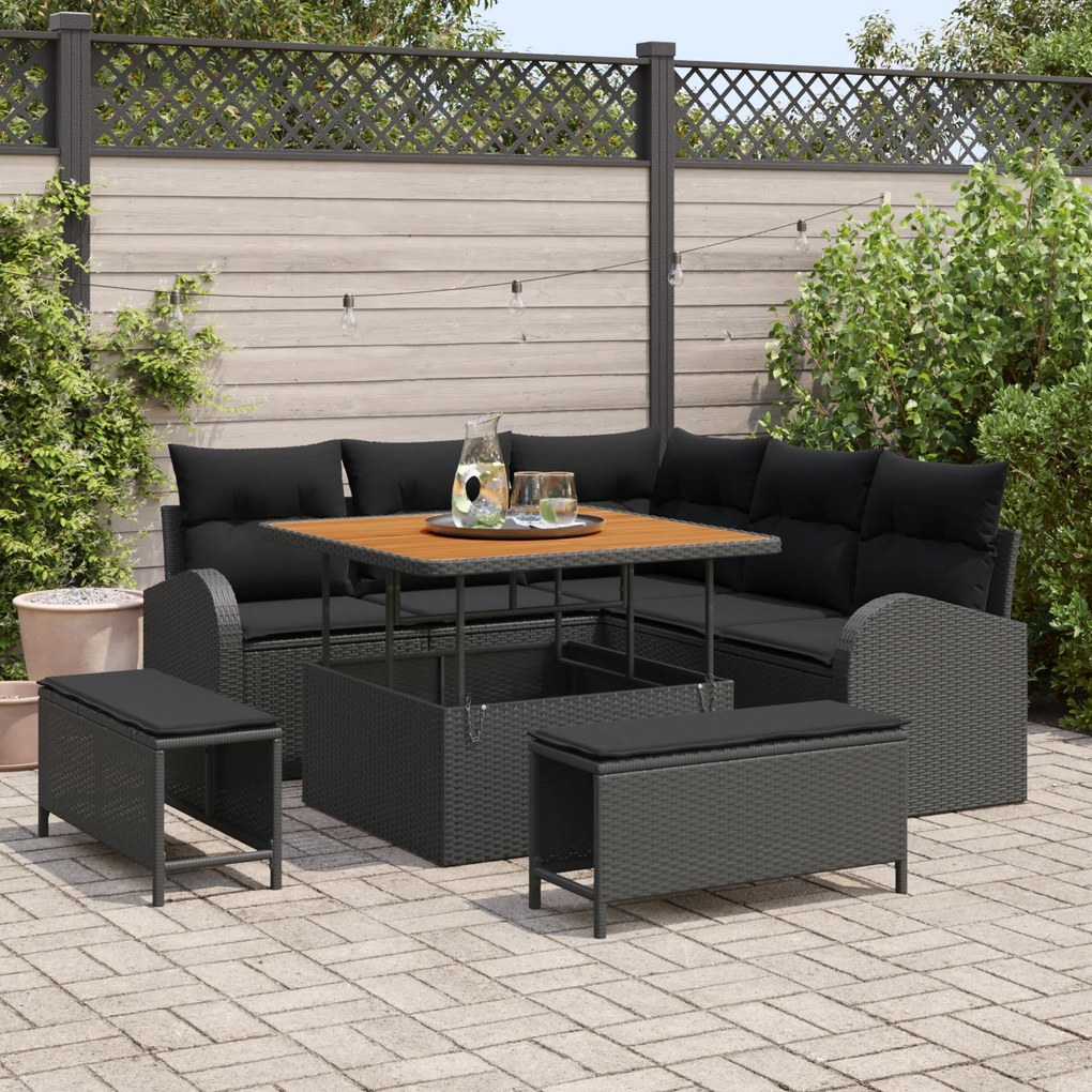 Conjunto de Sofá de Jardim de 8 Peças com Almofadas Rattan Preto Acácia vidaXL