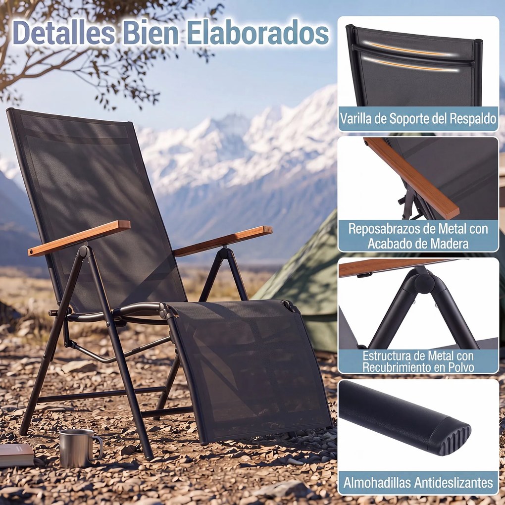 Conjunto de 2 Espreguiçadeiras Dobráveis, 72-138 x 57 x 91-110 cm, Encosto Ajustável em 5 Posições, Preto