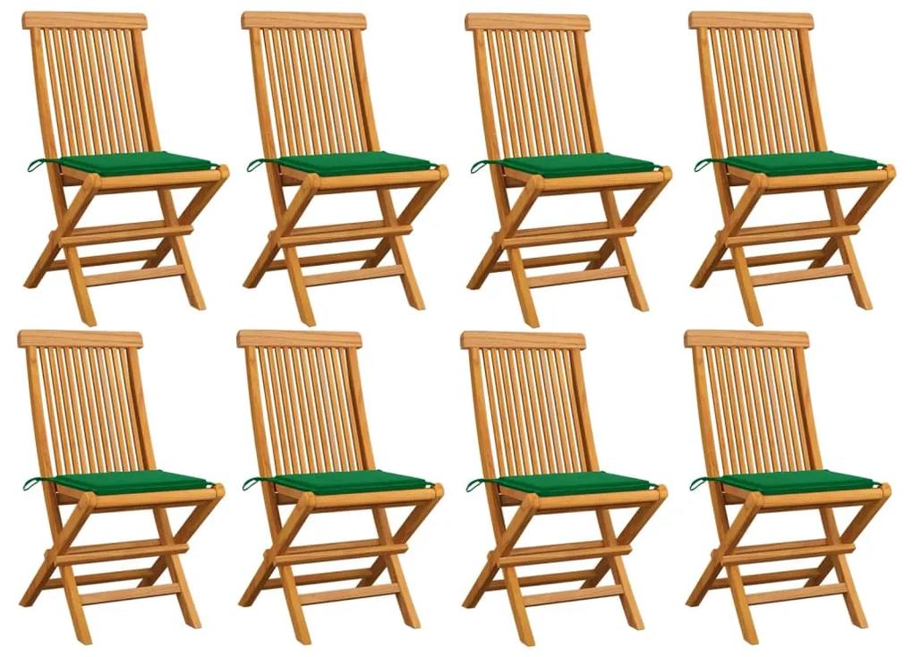 3072922 vidaXL Cadeiras de jardim c/ almofadões verdes 8 pcs teca maciça