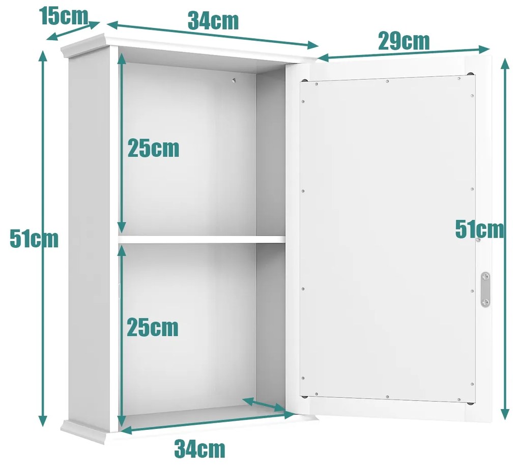 Espelho de casa de banho de parede com porta única e prateleira ajustável para casa de banho cozinha34 x 15 x 51 cm  branco