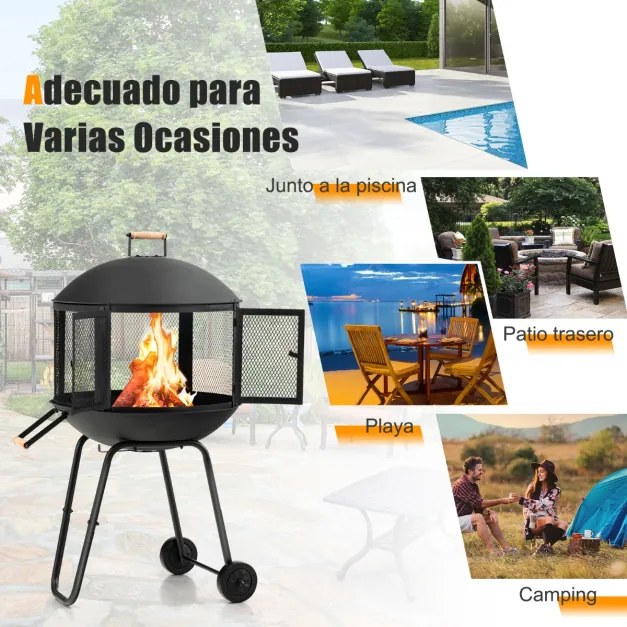 Grelhador a lenha com rodas e alça para churrasco de acampamento 69 x 51 x 108 cm preto