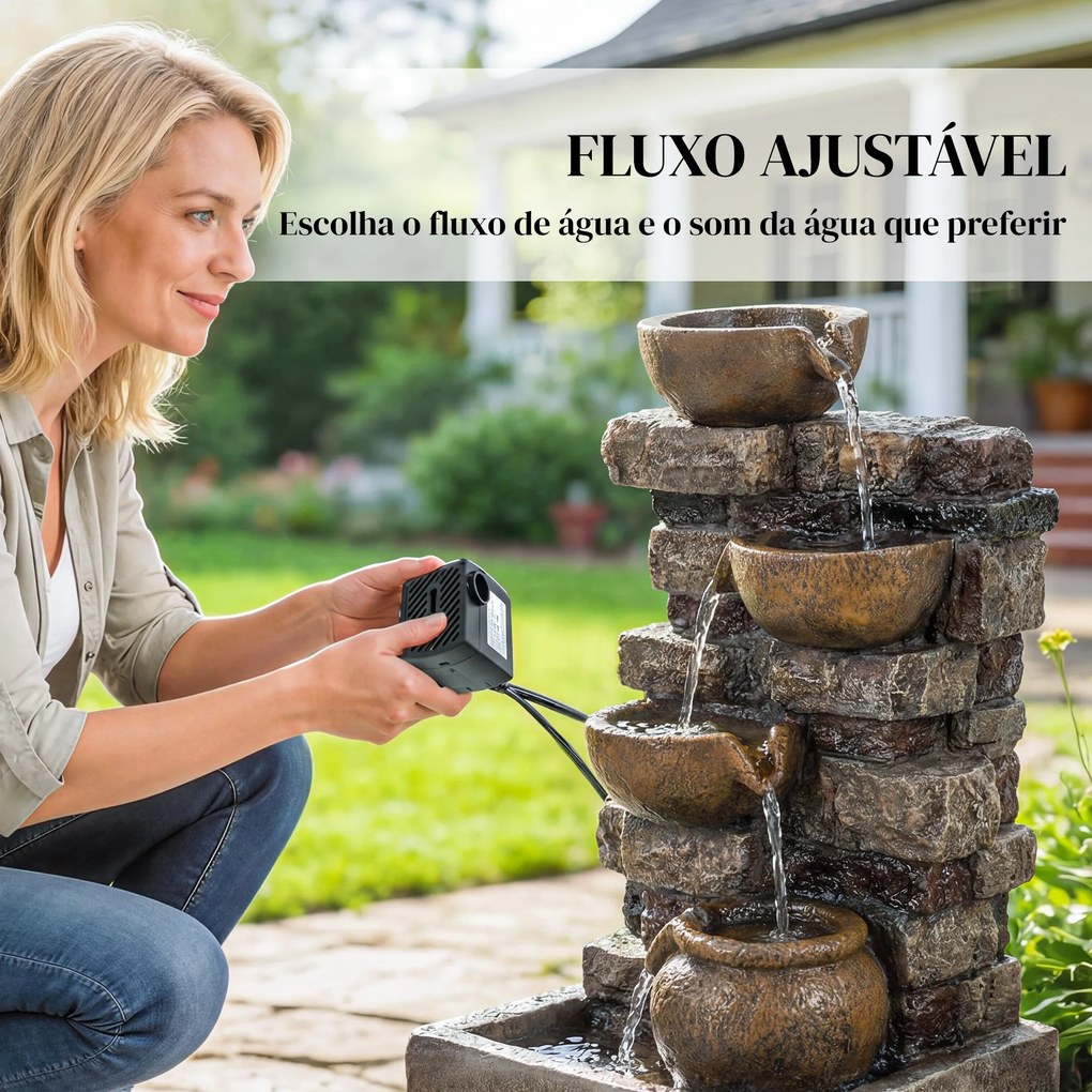Fonte de Jardim com Iluminação LED e Bomba, Fonte Decorativa em Cascata de 5 Níveis, Fluxo Ajustável, Castanho Rústico