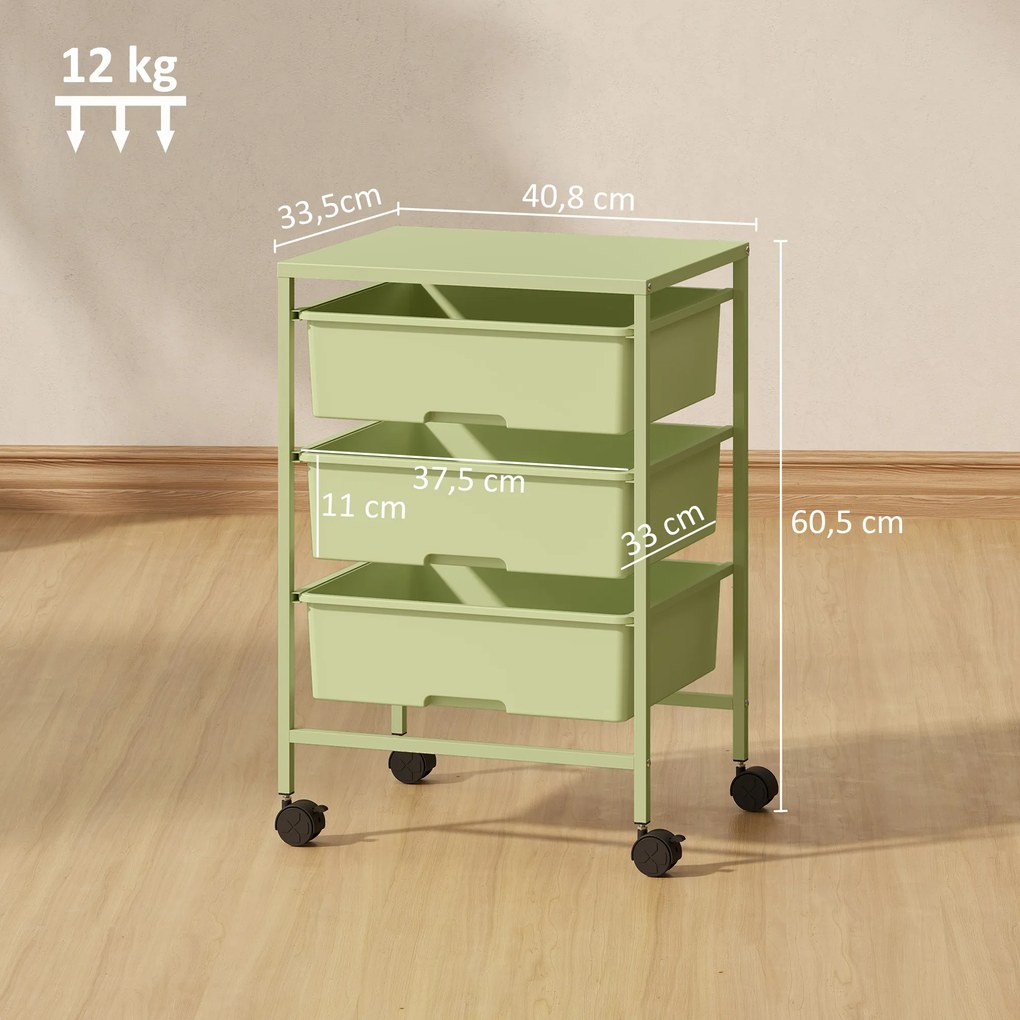 Carrinho Auxiliar com Rodas Carrinho de Cozinha de 3 Níveis com 3 Cestos e Estrutura de Aço 40,8x33,5x60,5 cm Verde