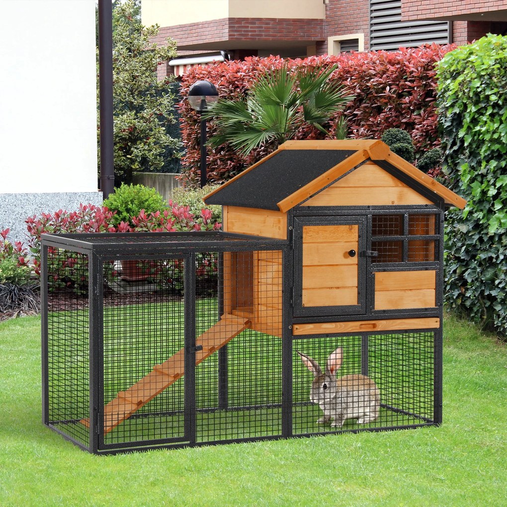Coelheira para pequenos animais de estimação 2 níveis com bandeja removível de madeira e rampa de metal 122x63x92 cm para coelhos cobaios de madeira e