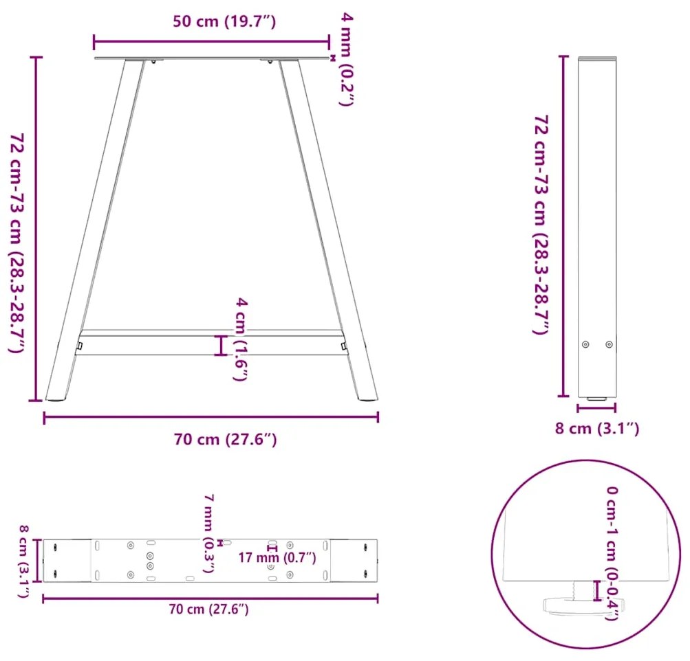 Pés de mesa de jantar em formato A, 2 peças, 70x(72-73) cm, aço