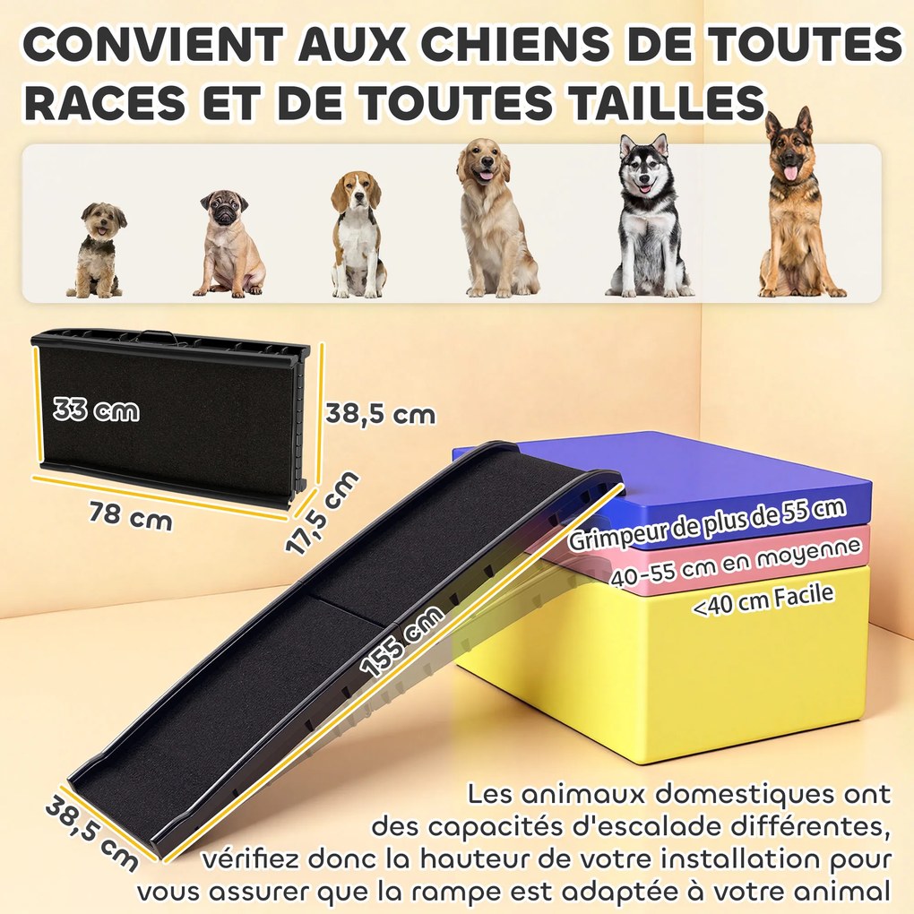 Rampa dobrável para cães, escada para cães em PP com inclinação suave e superfície antiderrapante, 155 x 38,5 x 15,5 cm, preta