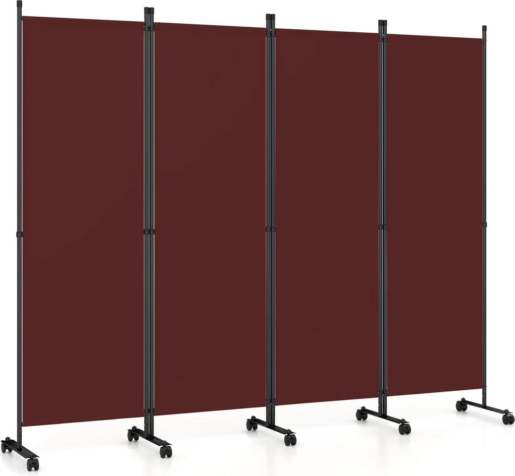 Biombo Separador de Ambientes Dobrável de 4 Painéis, 221 x 35,5 x 173 cm, Rodas Multidirecionais com Travão, Castanho