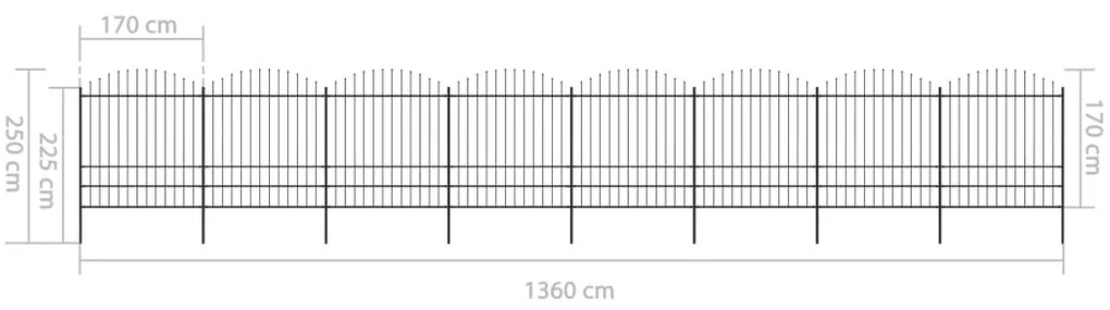 Cerca de jardim com topo em lanças (1,5-2)x13,6 m aço preto