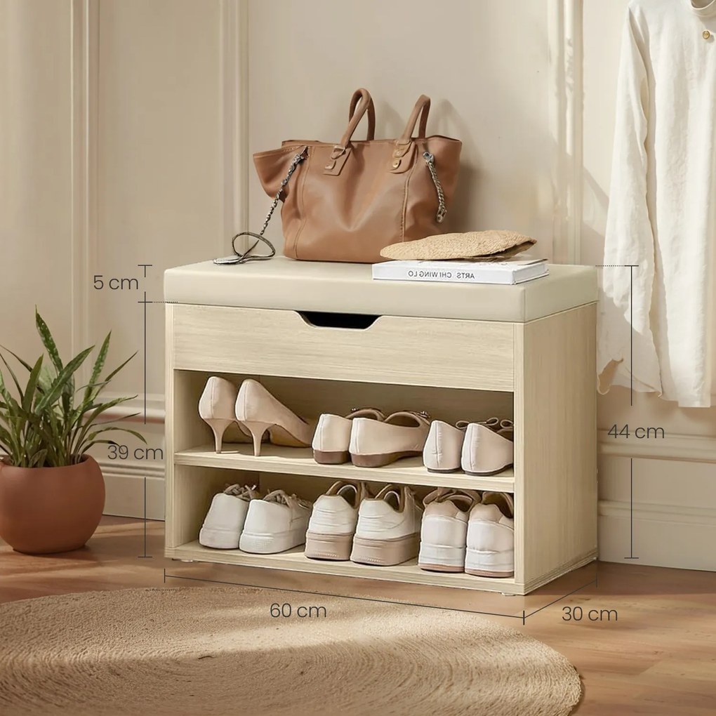 Banco almofadado para sapatos com 3 níveis 30 x 60 x 44 cm bege