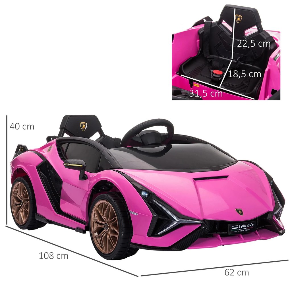 Carro Elétrico Lamborghini SIAN 12V para Crianças de 3-8 anos com Controlo Remoto Abertura da Porta Música MP3 USB e Faróis 108x62x40cm Rosa