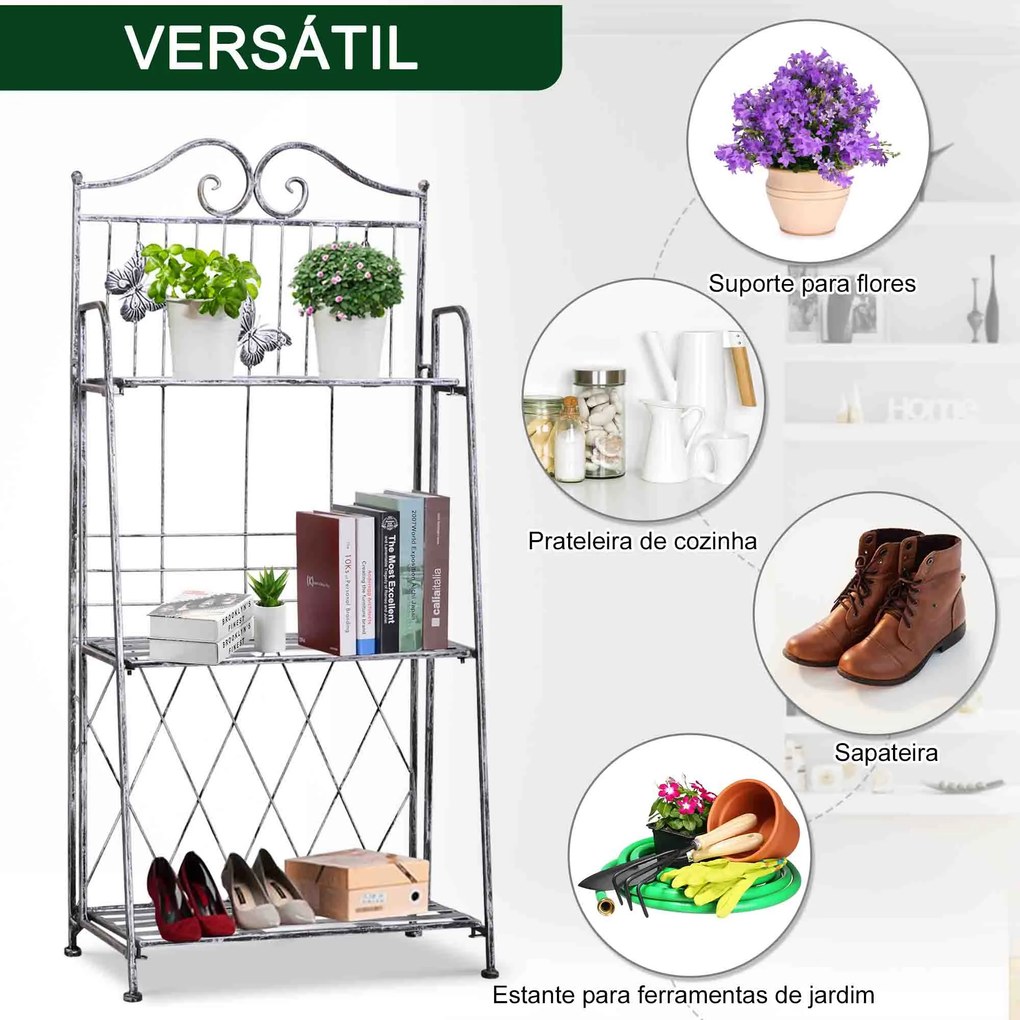 Suporte para Plantas Dobrável Suporte para Vasos de Plantas de 3 Níveis com Estrutura de Metal 44x25x96 cm Prata