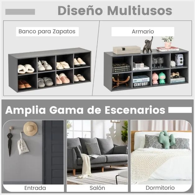 Banco sapateira com 8 cubos Armário de arrumação Estante de entrada Sala de estar Quarto Estante Carga 230 kg Cinzento