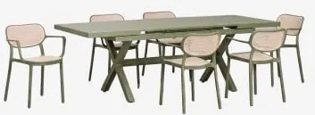 Conjunto De Mesa Retangular Extensível Karena 180-240x90 Cm E 6 Cadeiras De Jardim Empilháveis Com Apoios De Braços Omara Verde Azeitona Intenso -