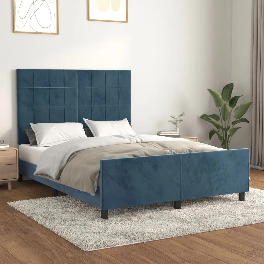Estrutura de cama sem colchão 140x200 cm veludo azul-escuro