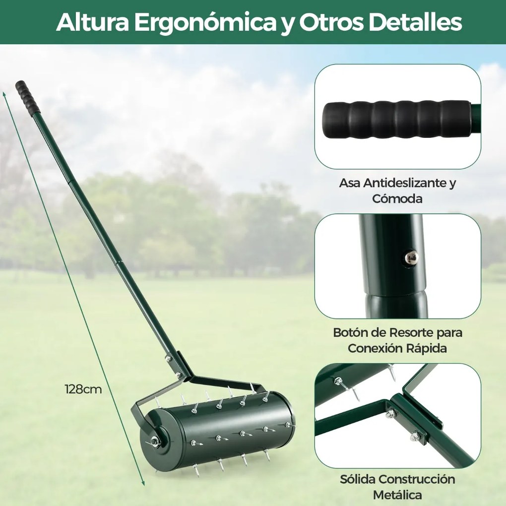 Rolo para relva com arejador de relva com rodas de 44 cm Cabo amovível de 128 cm e dentes para jardim e pátio Fácil de montar Verde