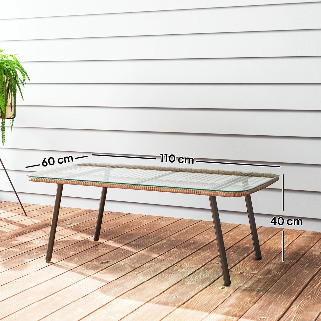 Mesa de centro de jardim110 x 60 x 40 cm com tampo em vidro temperado de 5 mm, mesa auxiliar para exterior, estrutura em aço, efeito de madeira natura