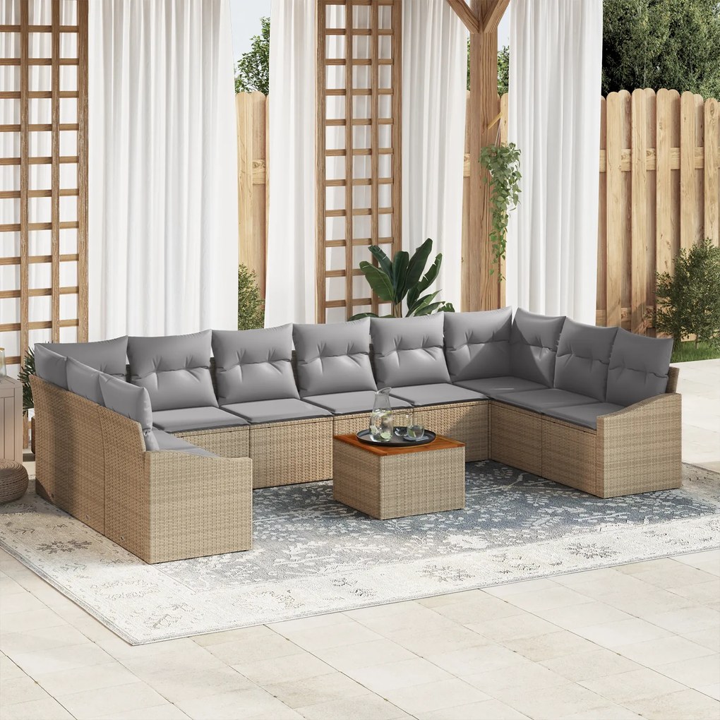 Conjunto de Sofá de Jardim de 11 Peças com Almofadas Bege Polirratã Ac