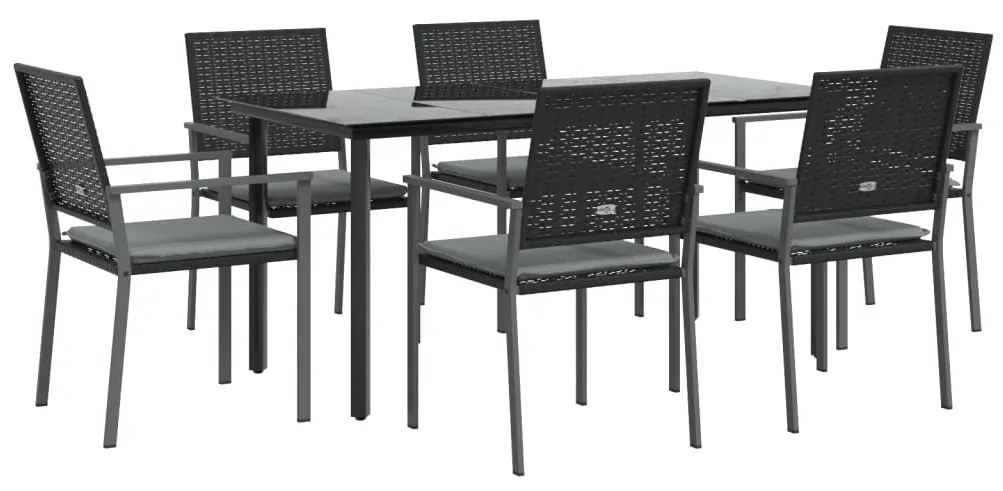 7 pcs conjunto de jantar p/ jardim c/ almofadões vime PE e aço