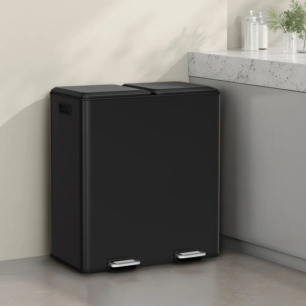 Caixote do lixo de cozinha, 2 x 30 L, 2 compartimentos 64 x 58,5 x 37 cm preto