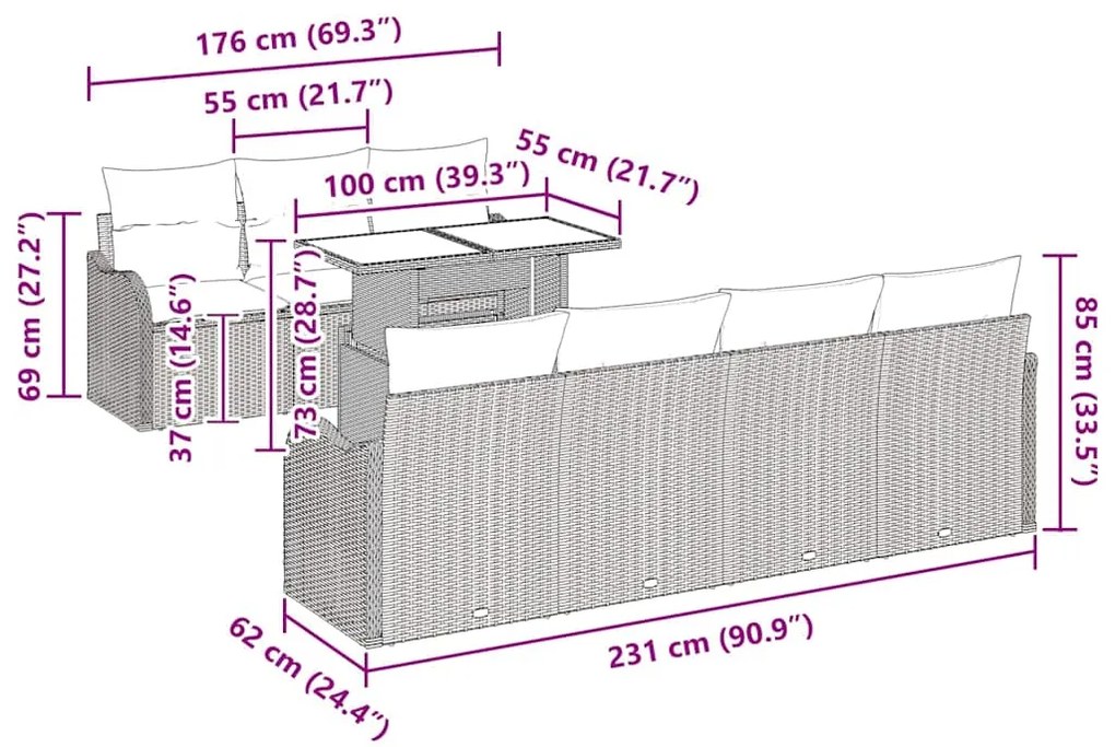 Conjunto de Sofá para Jardim com 8 peças e almofadas em rattan poliést