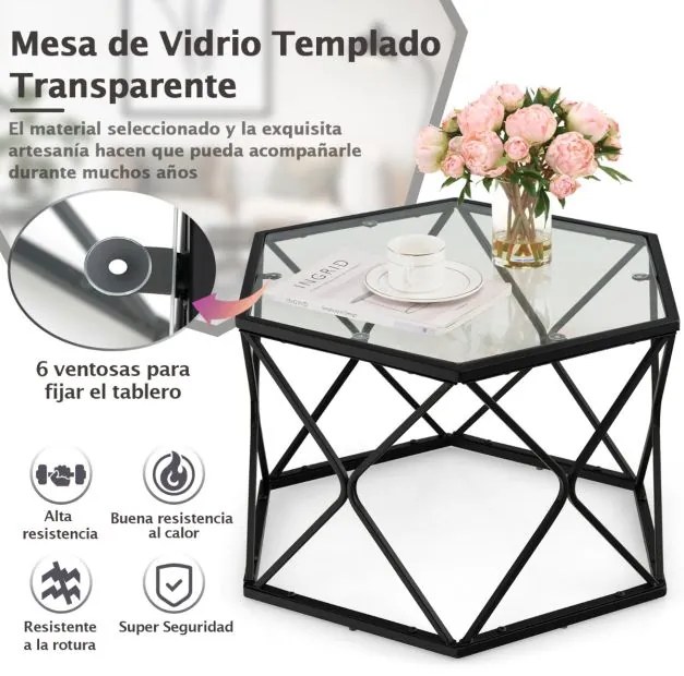 Mesa de centro geométrica de vidro temperado hexagonal Pernas de metal compactas para sala de estar Sala de receção 65 x 56 x 40 cm Preto