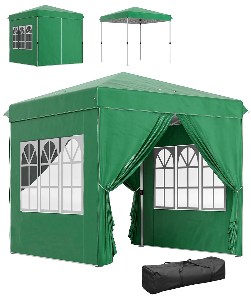 Outsunny Tenda Dobrável Pop-Up 248x248x270 cm 4 Paredes Laterais Anti-UV Altura Ajustável Bolsa Transporte Verde Escuro | Aosom Portugal