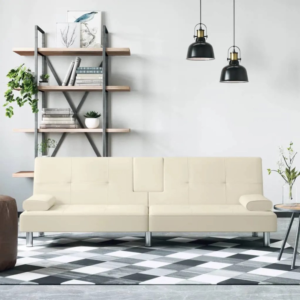 351927 vidaXL Sofá-cama com suporte para copos couro artificial cor creme