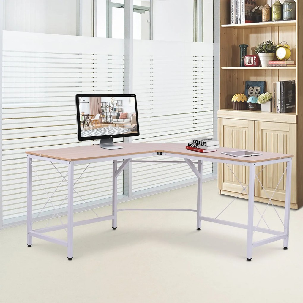 HOMCOM Secretária de Canto para Escritório Casa Secretária em Forma de L com Estrutura de Aço 150x150x76 Madeira e Branco