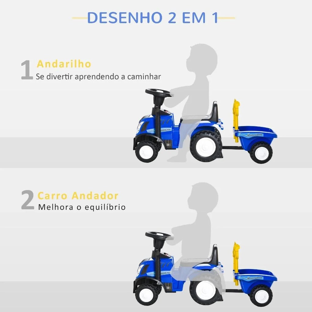 Trator andarilho para Crianças de 12-36 Meses com Reboque Removível Carro Andador com Buzina Farol Pá e Ancinho Carga 25kg 91x29x44cm Azul