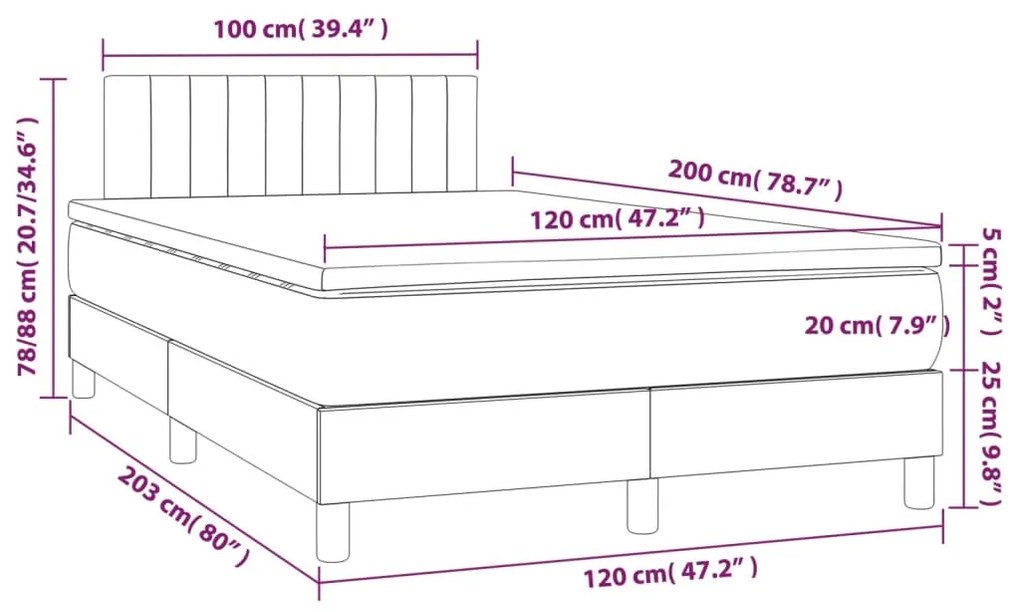 Cama box spring c/ colchão e LED 120x200 cm tecido preto